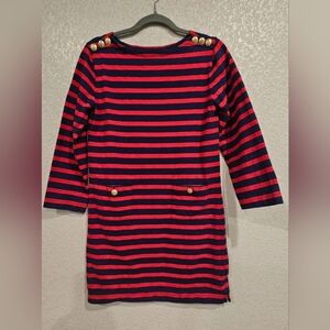 J CREW M Mariner cloth woman striped Red Blue gold button cotton shirt dress